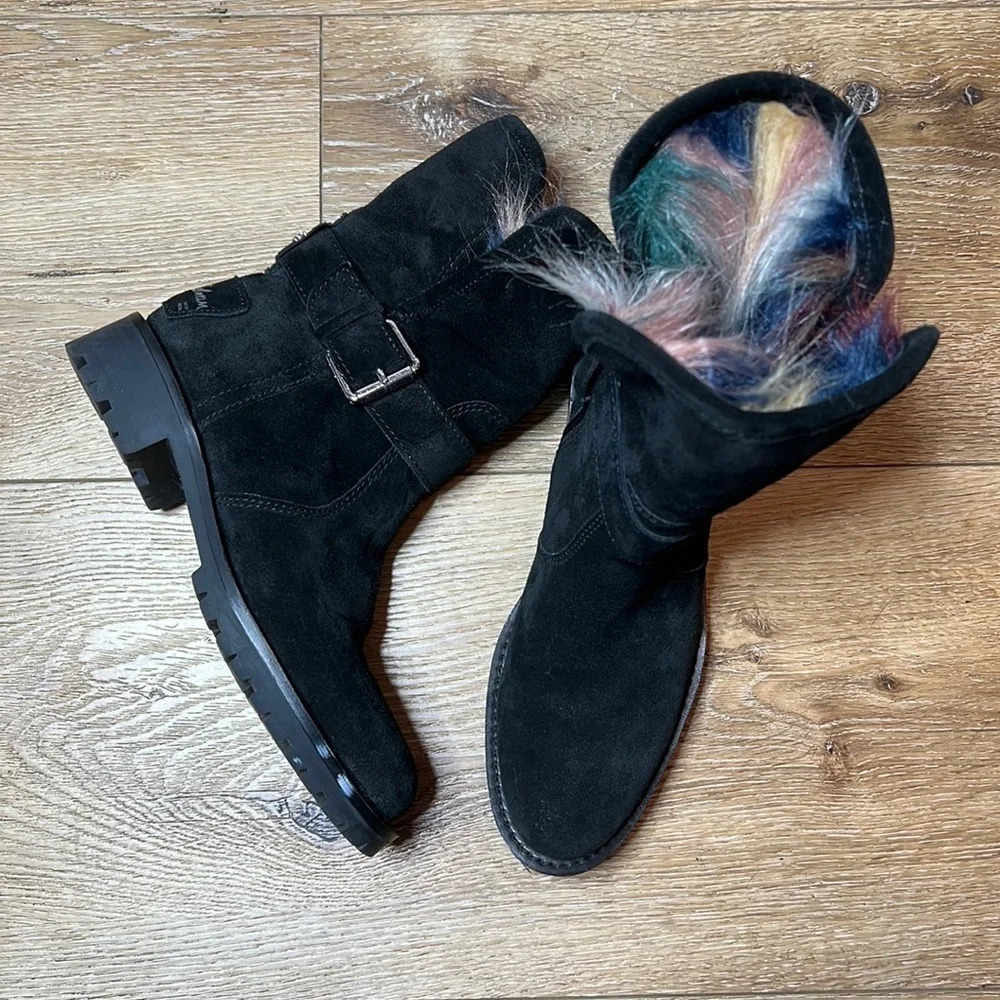 Sam Edelman Jeanie Black Suede Faux Fur Boots Size 5M